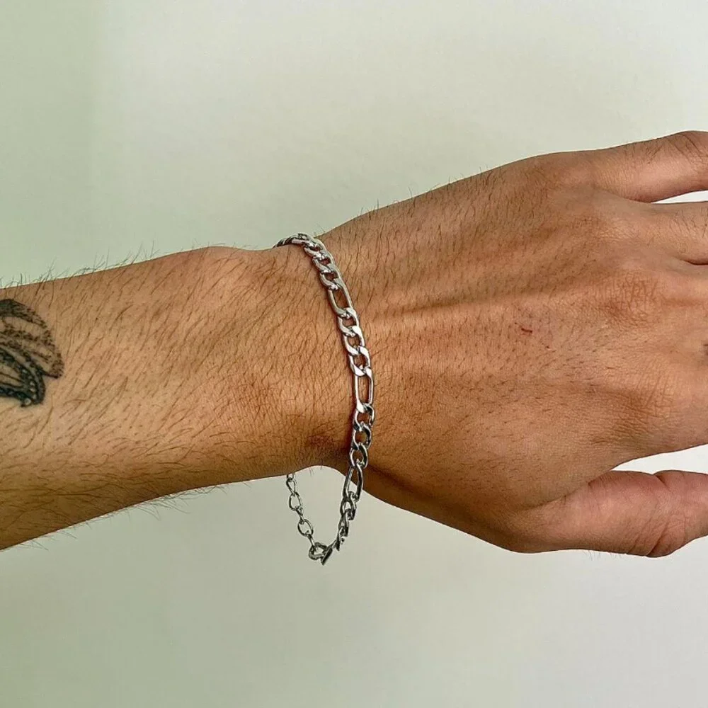 silver figaro link stainless steel chain bracelet